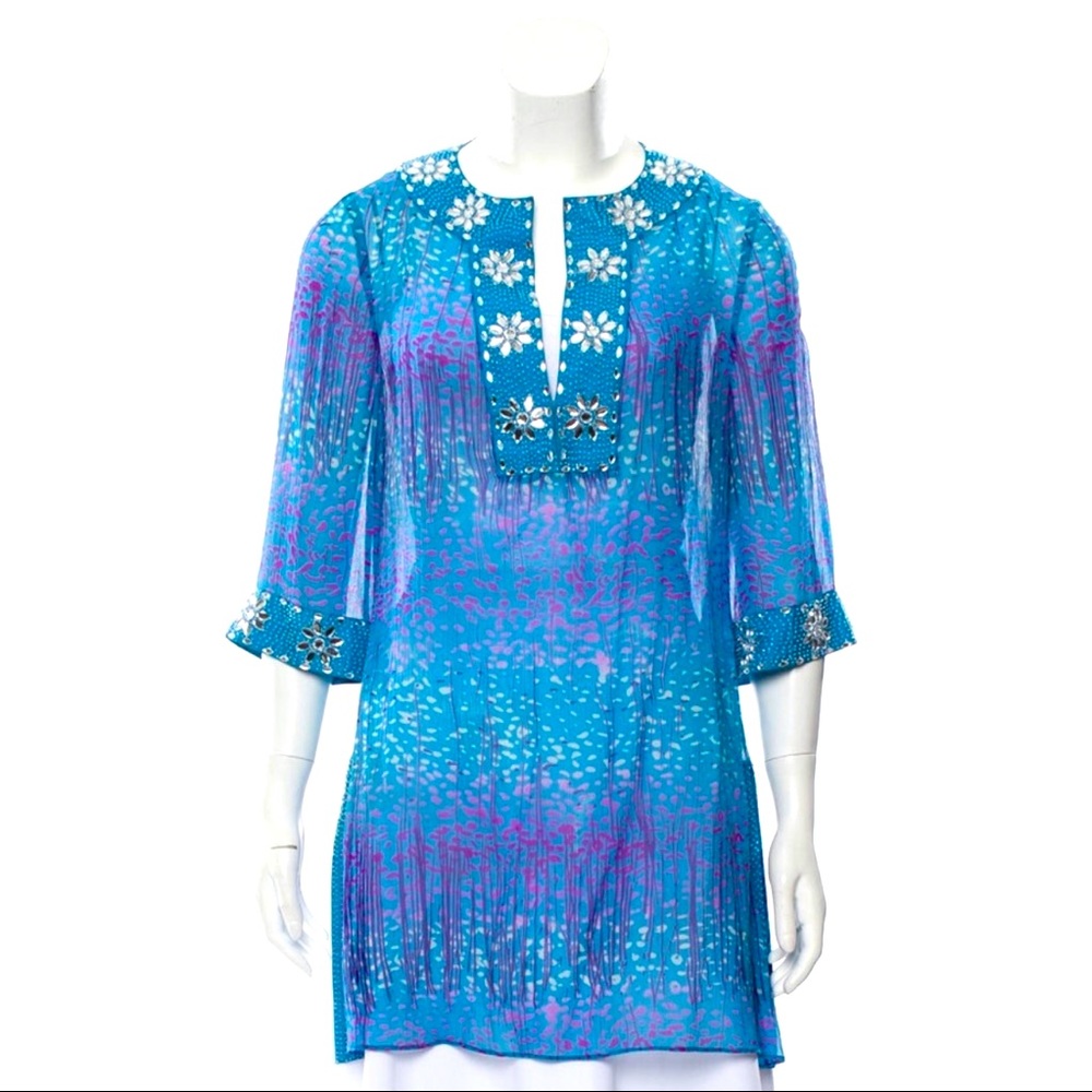 Calypso St. Barth Silk Beaded Multicolor Tunic EUC